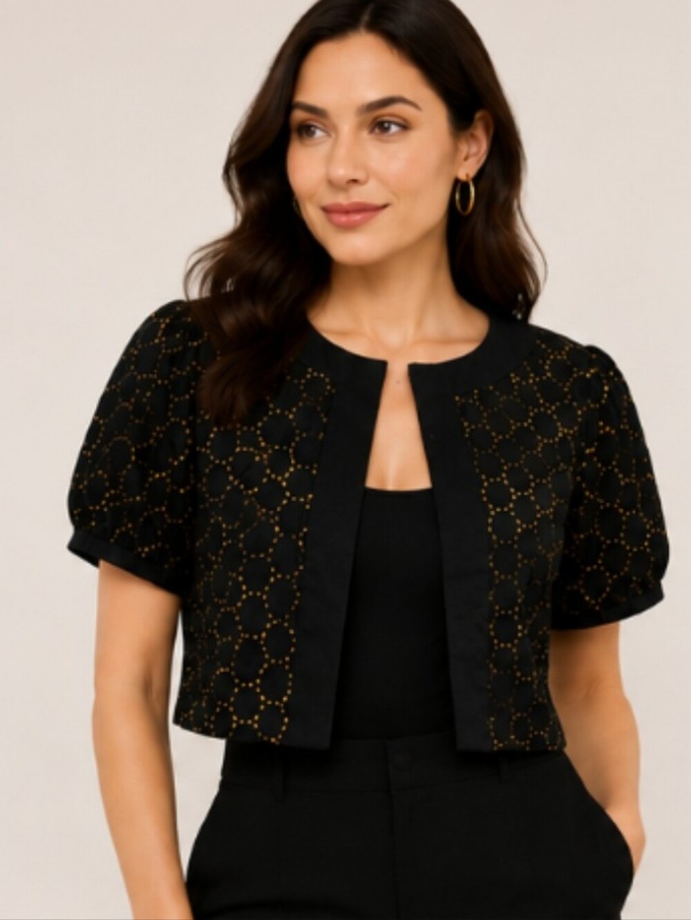 Nicole Miller Black and Gold Lined Bolero Crop Jacket Size 8